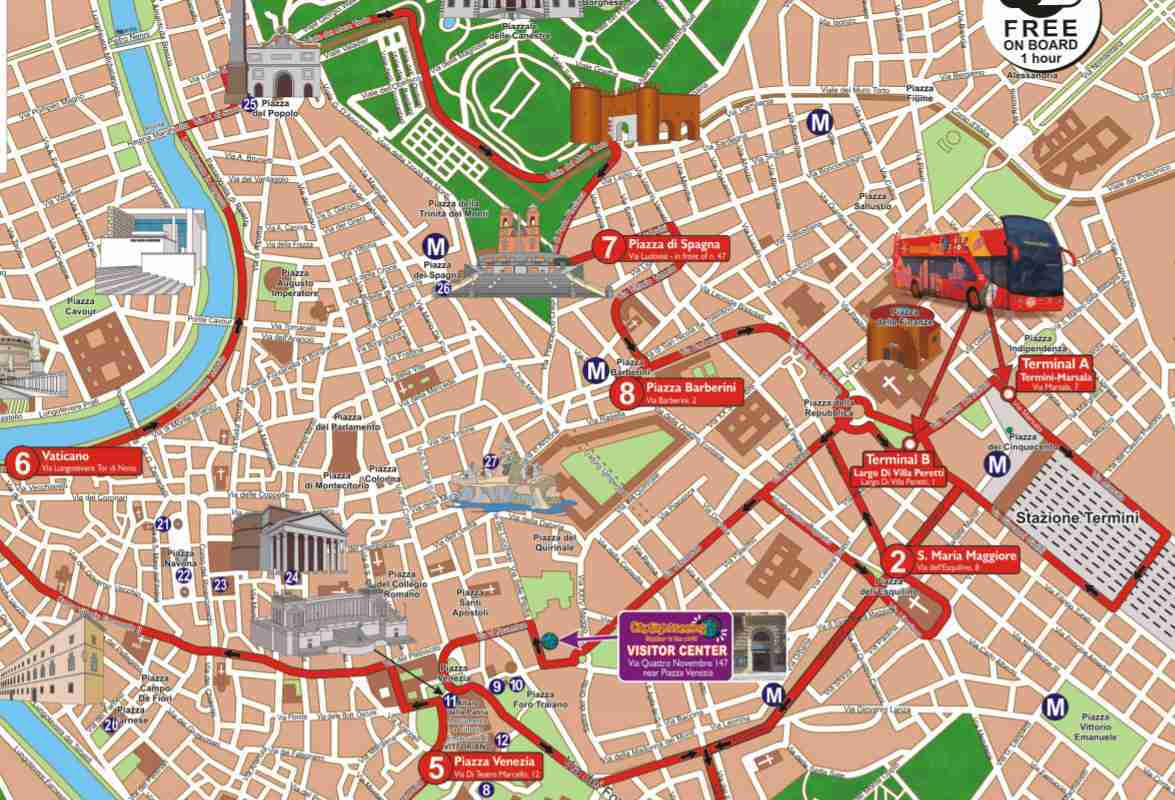 Mapa de la ruta del recorrido en autobús I Love Rome.